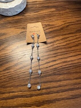Silver Long Drop Crystal Chain Earrings